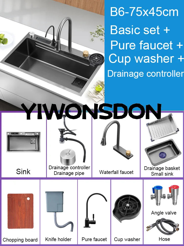 Multifunction Black Nano Kitchen Sink Waterfall Faucet Large Single Bowl Cup Washer Pure Tap Soap Dispenser 304 Stainless Steel