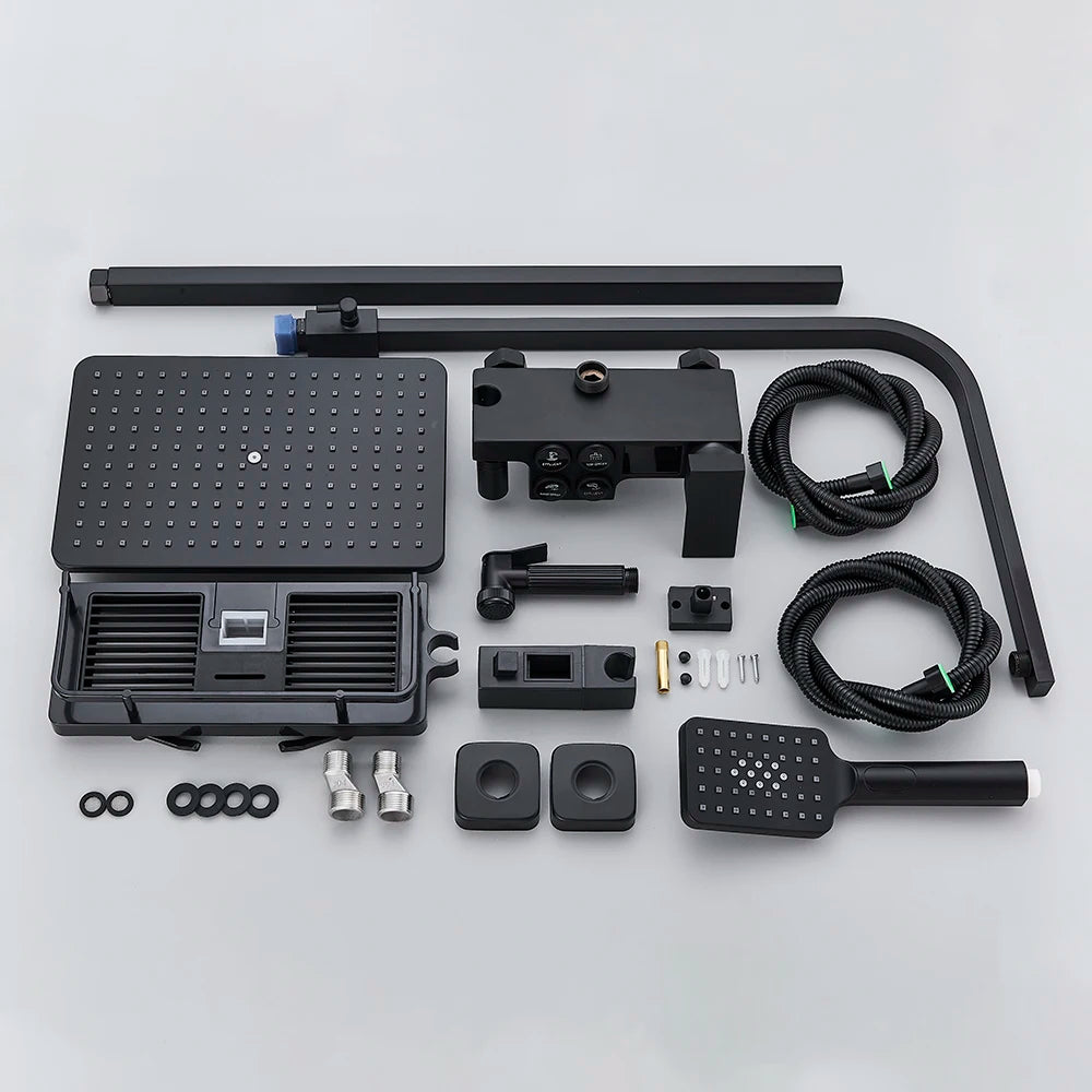 Black Display Thermostatic Shower Faucet Set Rainfall Bathtub Tap With Bathroom Shelf Water Flow Produces Electricity