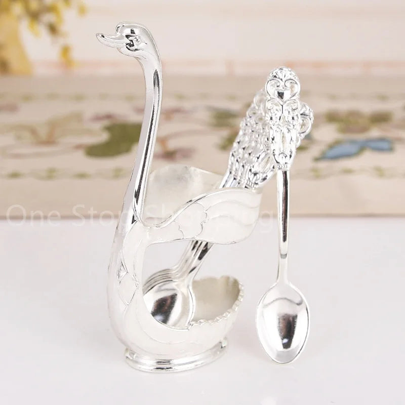 Creative Dinnerware Set Swan Base Holder Decorative Stainless Steel with 6 Spoons for Coffee Fruit Dessert Stirring Mixing