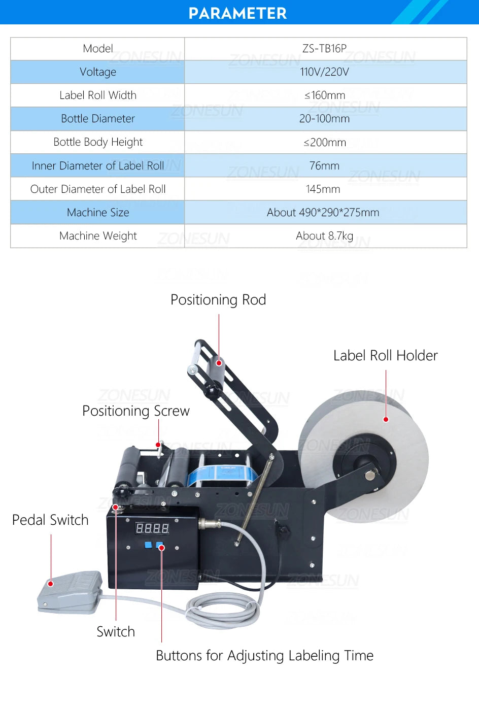 ZONESUN Round Bottle Labeling Machine With Smart Electric Pedal Glass Plastic Bottle Jar Vial Sticker Packaging Labeler ZS-TB16P