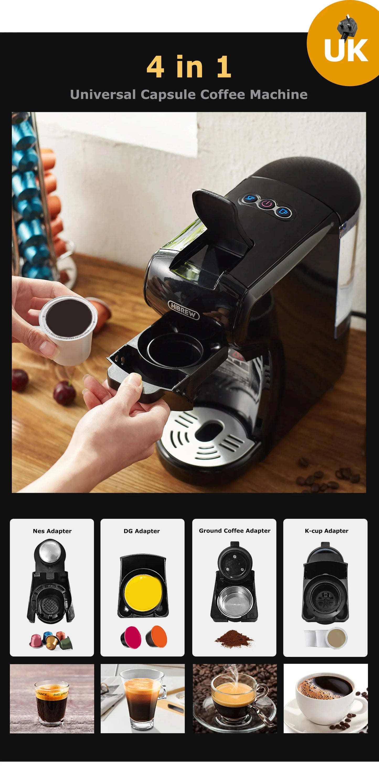 HiBREW Coffee Machine 19 Bar 4in1 Hot & Cold Multiple Capsule Espresso Cafetera Pod Coffee Maker Dolce Milk Nexpresso Powder H1A