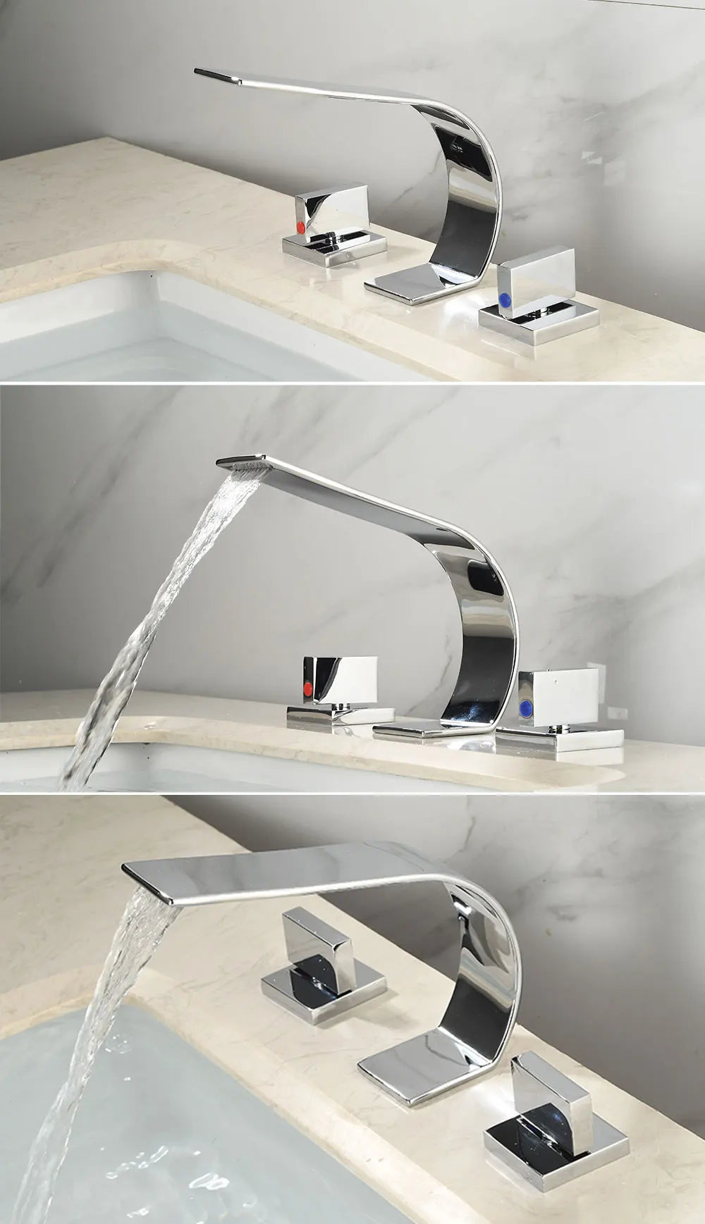 BAKALA 3 Pieces Brush And Gold Deck Mounted Waterfall Wide Spout Double Handles Bath Bathtub Faucet Bathroom Mixer Tap
