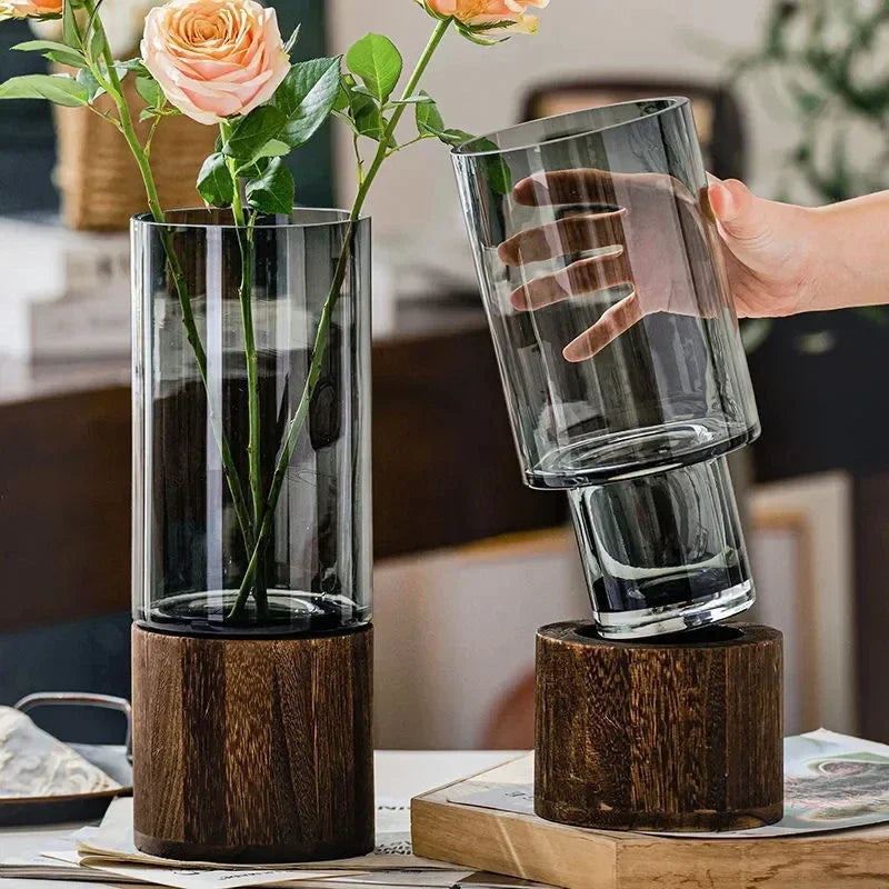 Vases Simple European hydroponic plant household living room table inserted flower wood base transparent glass vase Home Decor