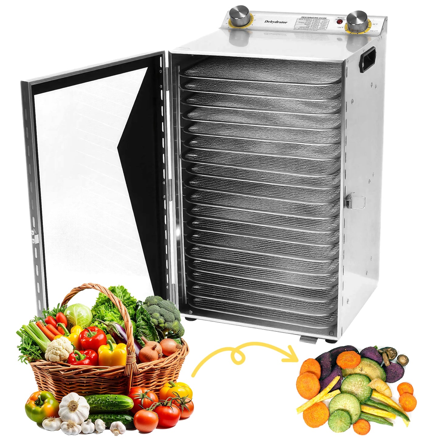 800W Food Dried Fruit Machine with 18 Stainless Steel Trays Temperature Control Dehydrator for Jerky Dog Treats Meats & Veggies