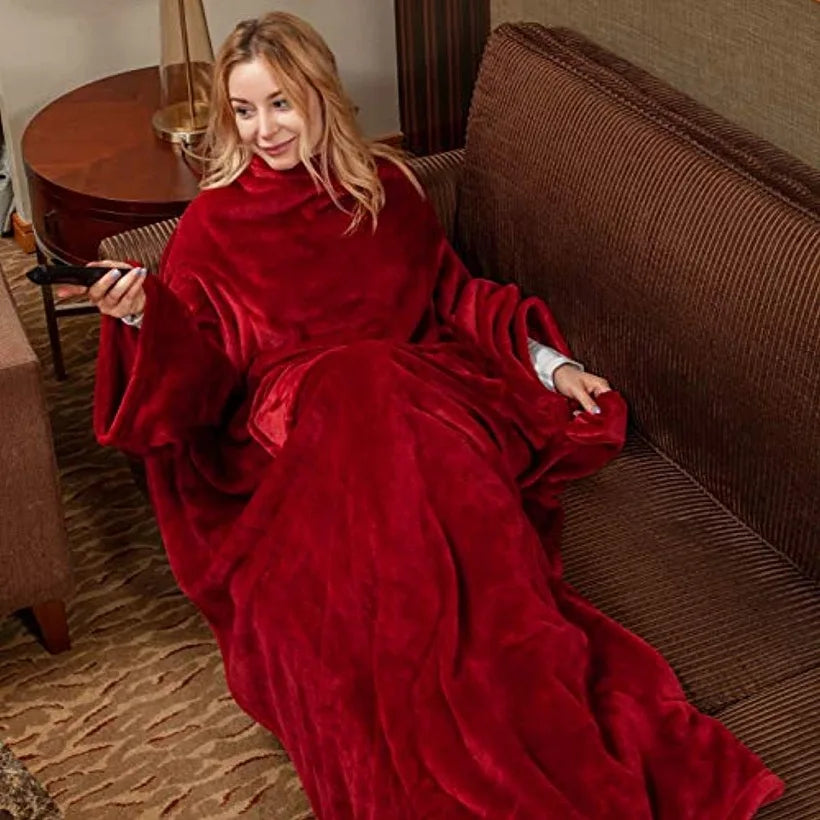 Oversized Warm Winter Blanket with Sleeves Adjustable Attaches Super Long Flannel Giant Wearable Elegant Blanket for Adult Women