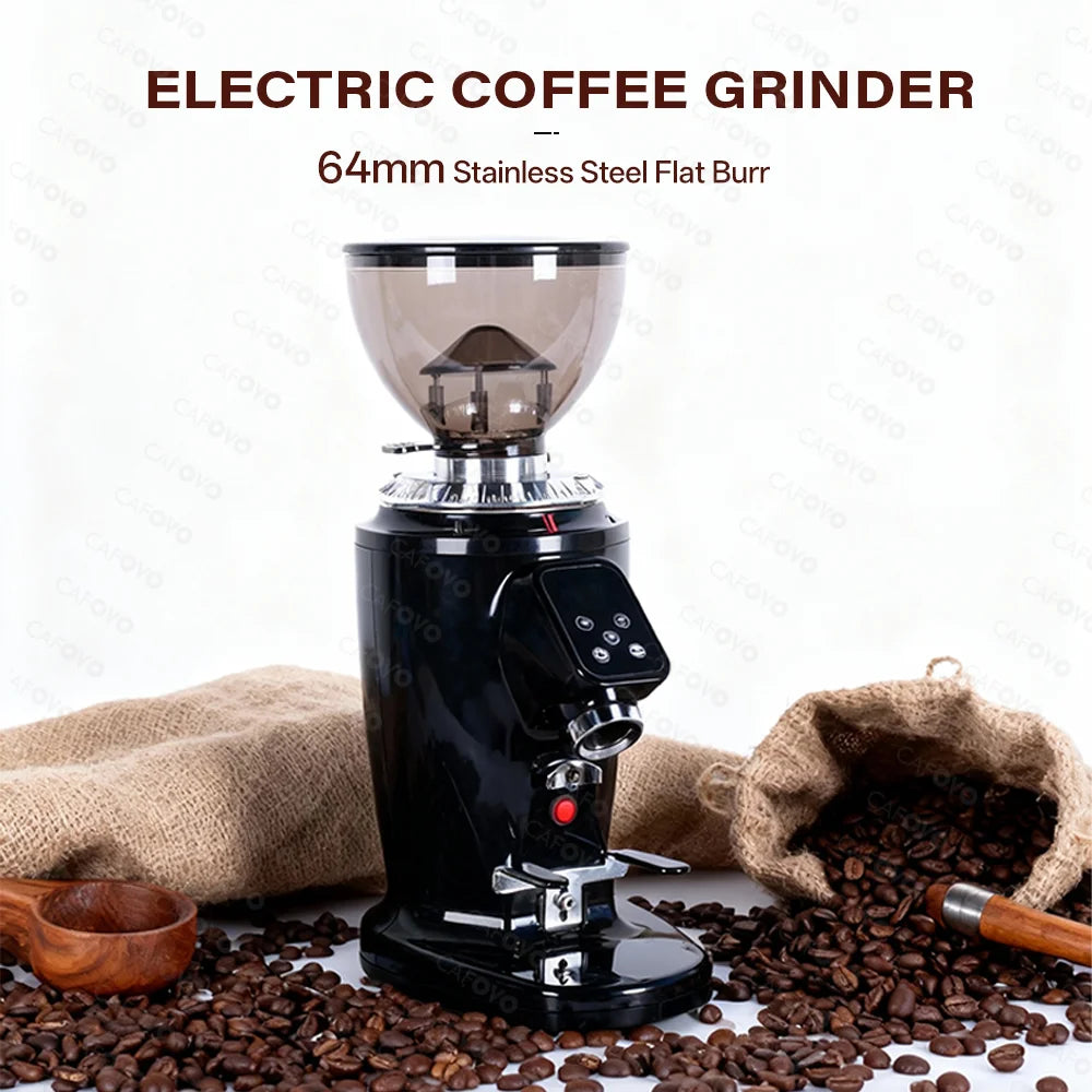CAFOVO G264F 64mm Flat Burr Coffee Grinder with Digital Timer for Espresso Static-Free Single-dose Grinder Coffee Mill