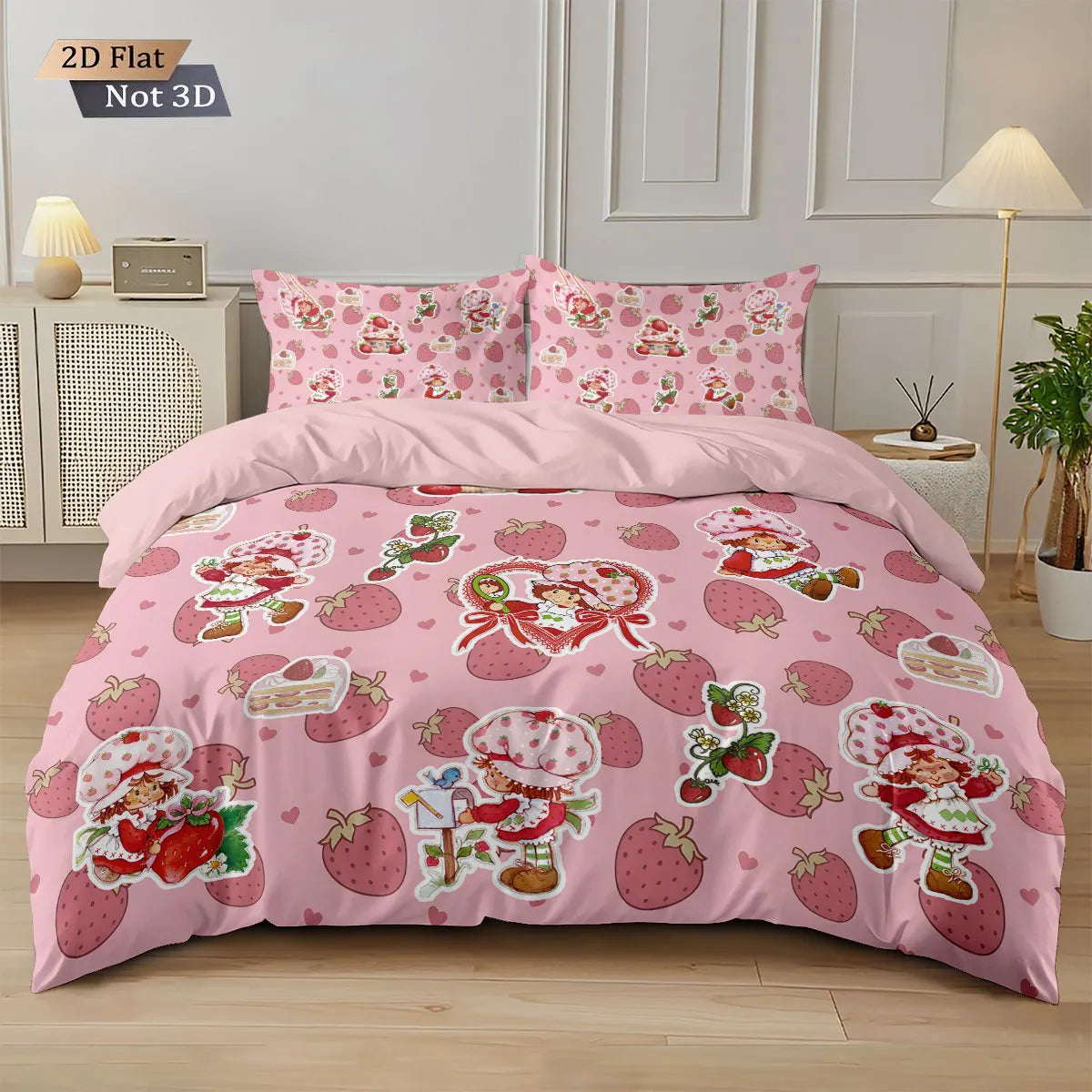 3pcs Pink Strawberry Girl Printed Down Duvet Cover Set, Multi Size Bedroom Bedding Decoration, Machine Washable