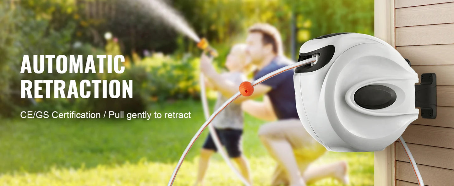SucceBuy Retractable Hose Reel1/2 inch 180° Swivel Bracket Wall-Mounted Garden Water Hose Reel with 9-Pattern Nozzle and 3 Fast