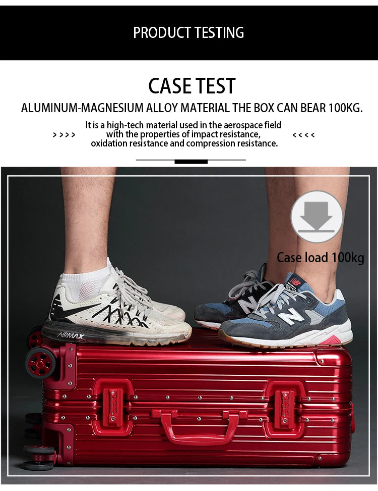 Aluminum-Magnesium Alloy Suitcase, High-Quality Rolling Luggage Available in 20”, 24”, 26”, and 29” sizes. Durable trolley luggage perfect for travel, carry-on, and cabin use.