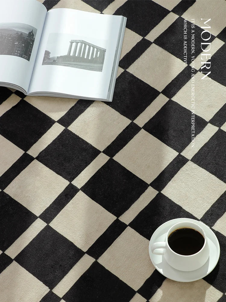French Retro Rugs for Bedroom Checkerboard Living Room Decoration Carpet Ins Wind Plaid Bedside Floor Mat Large Area Plush Rug