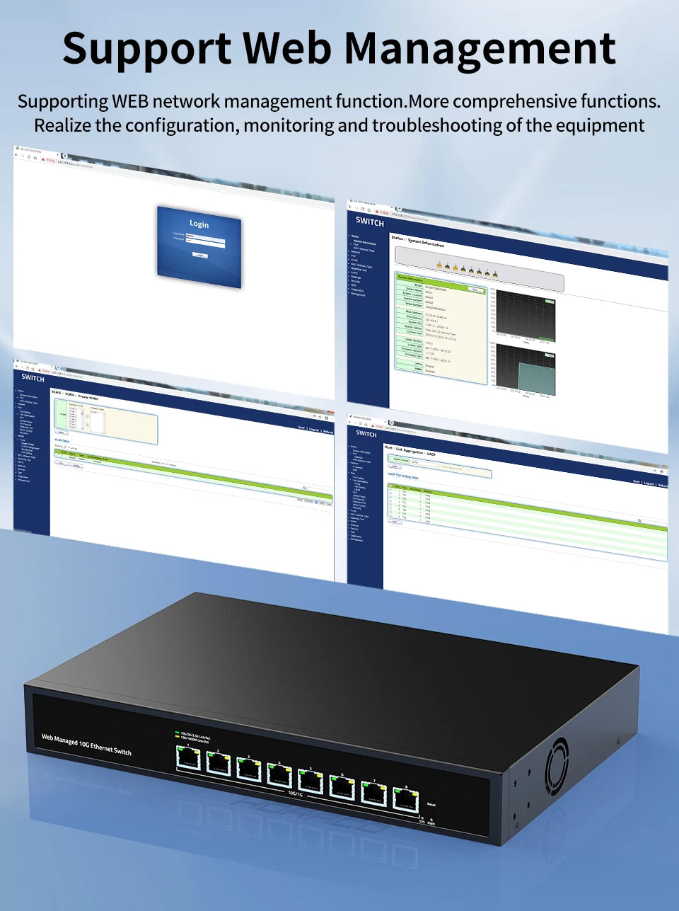 GoodTop 8 Port 10Gb Web Managed Ethernet Switch 10G Network Switch Homelab Network Hub Internet Splitter LACP/VLAN/DHCP Client