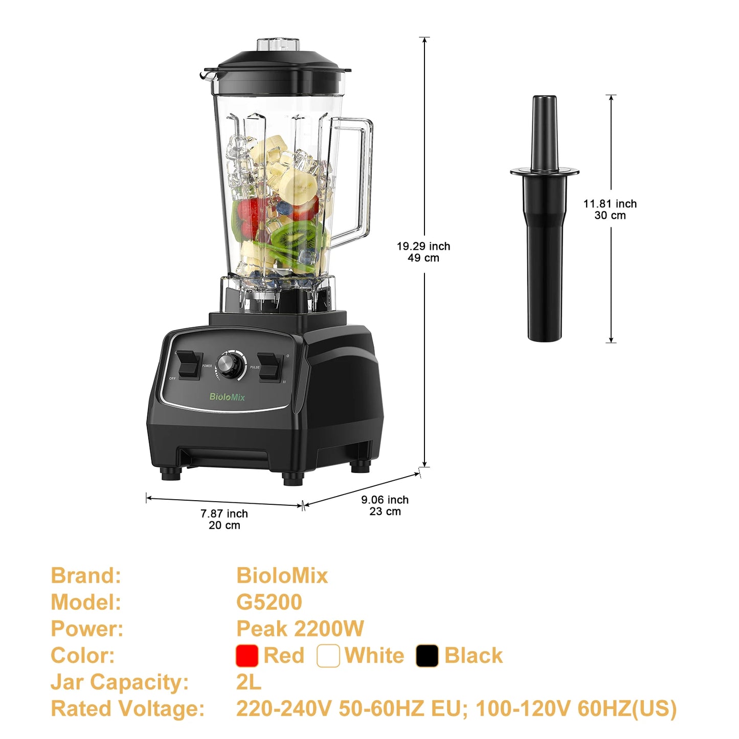 Biolomix BPA Free 3HP Blender 2200W High Power Food Processor Ice Smoothie Fruit Blender