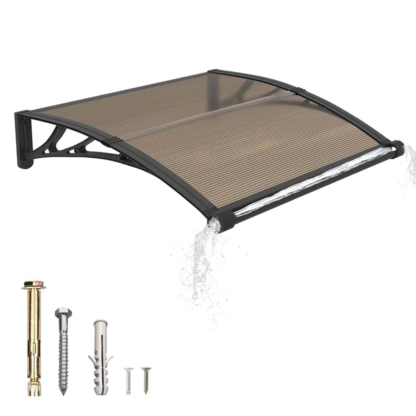 Large Polycarbonate Gutter Awning for Door Entrance Sun Shade and Rain Snow Protection Canopy for Patios and Yards Brown Board