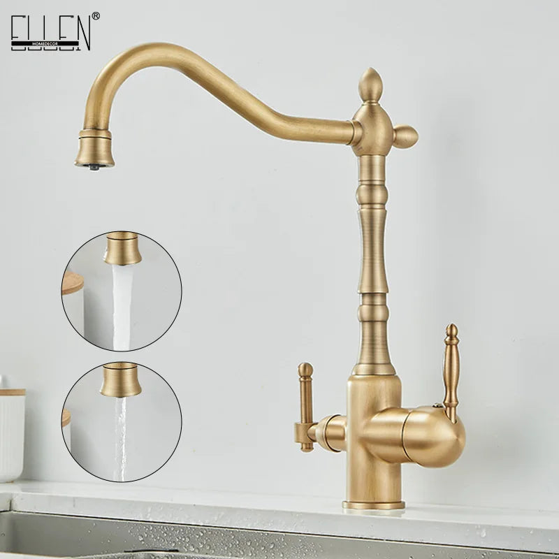 Brass antique light luxury three-in-one pure water faucet household sink wash basin hot and cold water faucet splash-proof E1489