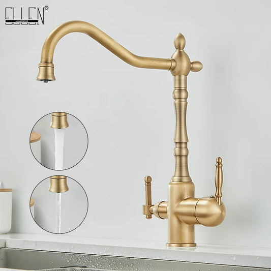 Brass antique light luxury three-in-one pure water faucet household sink wash basin hot and cold water faucet splash-proof E1489