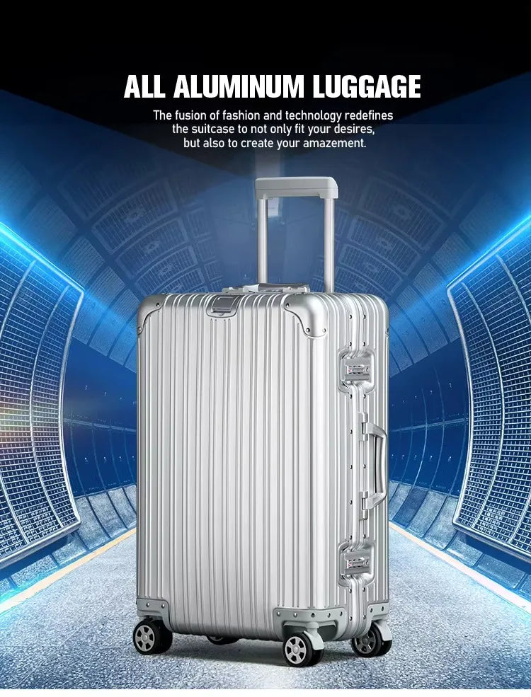 Aluminum-Magnesium Alloy Suitcase, High-Quality Rolling Luggage Available in 20”, 24”, 26”, and 29” sizes. Durable trolley luggage perfect for travel, carry-on, and cabin use.