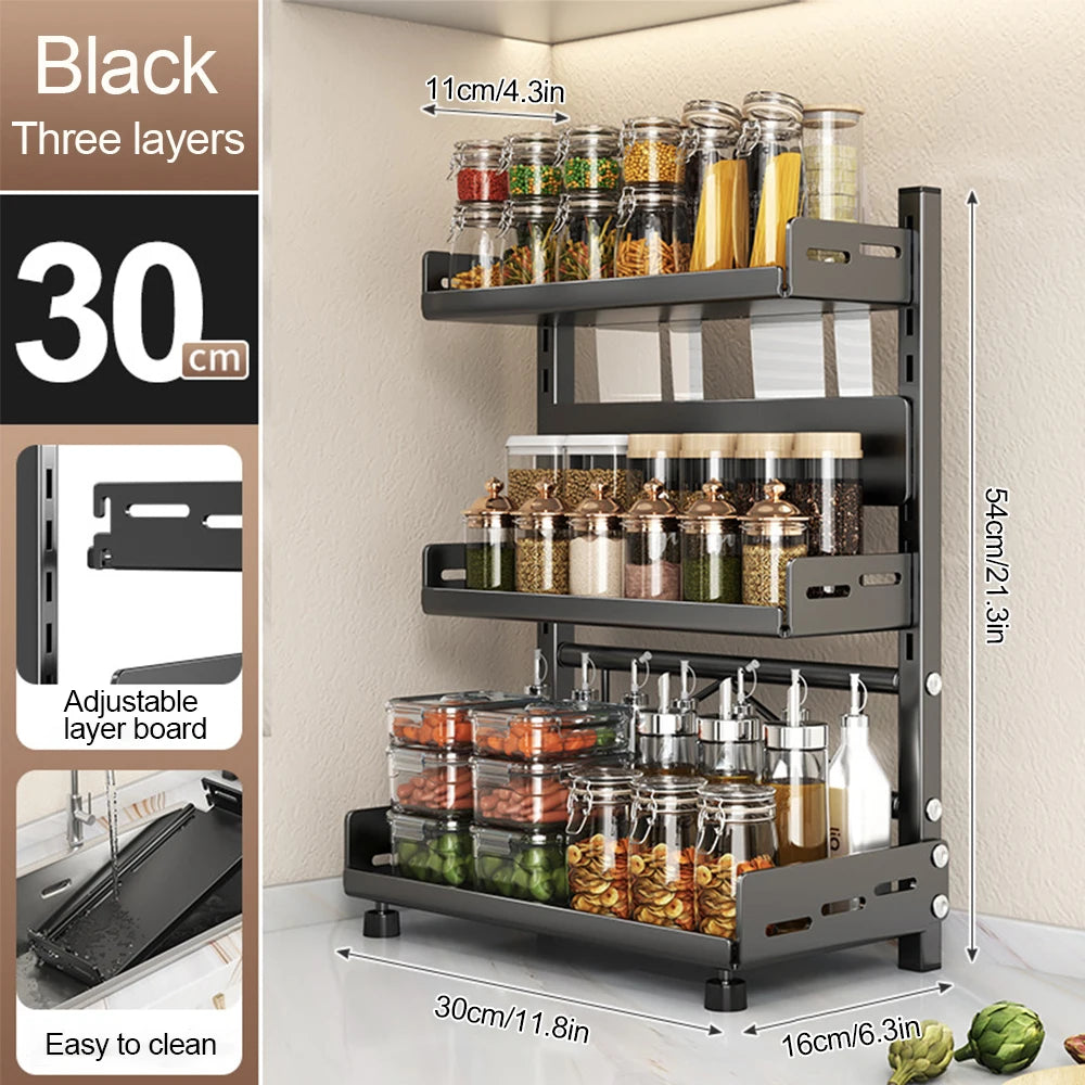 3-Tier Spice Rack – Adjustable Kitchen Organizer Sturdy metal shelf in sleek black design. Perfect for countertops or cabinets to keep spices neat and accessible.