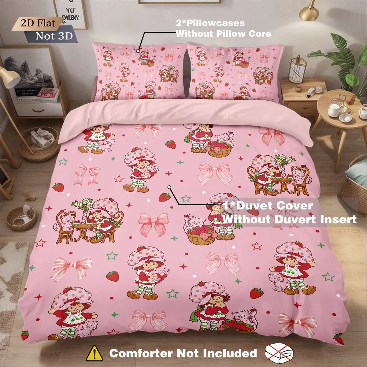 3pcs Pink Strawberry Girl Printed Down Duvet Cover Set, Multi Size Bedroom Bedding Decoration, Machine Washable