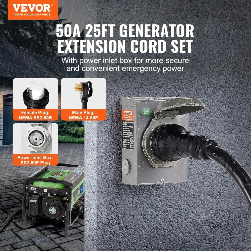 25-Foot VEVOR 50 Amp Generator Cord and Power Inlet Box Kit with NEMA 14-50P/SS2-50R STW 6/3+8/1 AWG Extension Cord