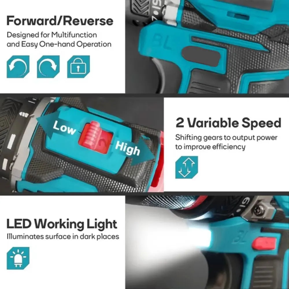 10mm Brushless Electric Impact Drill Driver 2-Speed Cordless Power Tool for Home DIY Construction 18V Battery Not Included