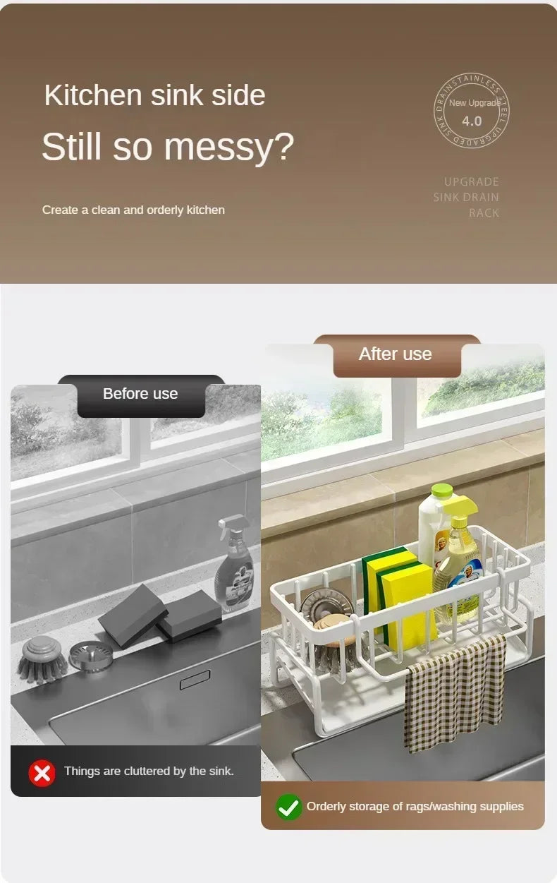 Space Saving Kitchen Sink Dish Rack Sponge Holder Water Drain Basket Countertop Storage Organizer for Cleaning Supplies