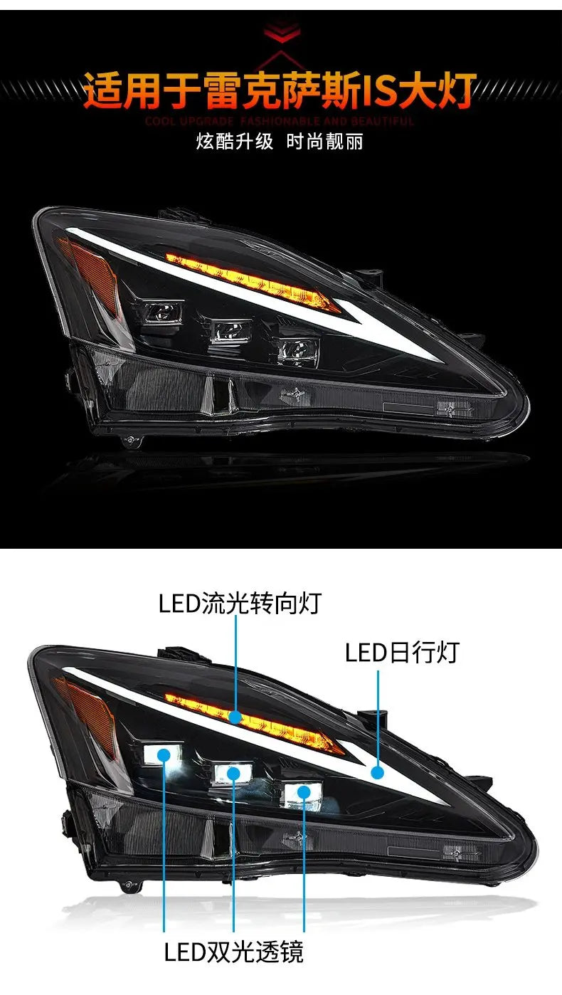 LED Projector Headlights for Lexus IS250 (2006–2012) Includes daytime running lights for enhanced visibility. High-quality automotive upgrade for style and safety.