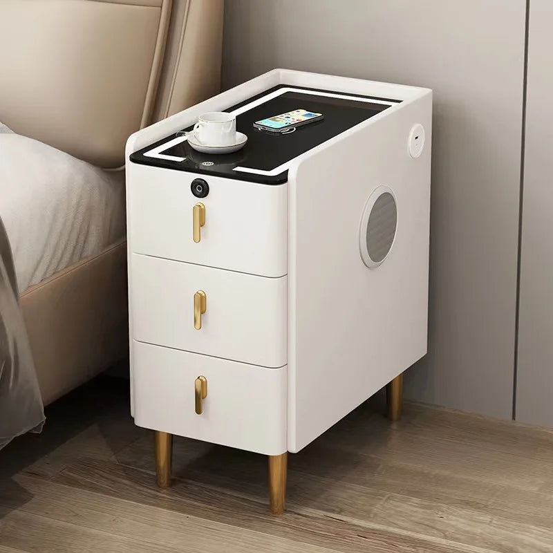 Smart Bedside Table, Solid Wood with Faux Leather Features 3 drawers, wireless charging, and side storage. Stylish and functional nightstand for modern bedrooms.