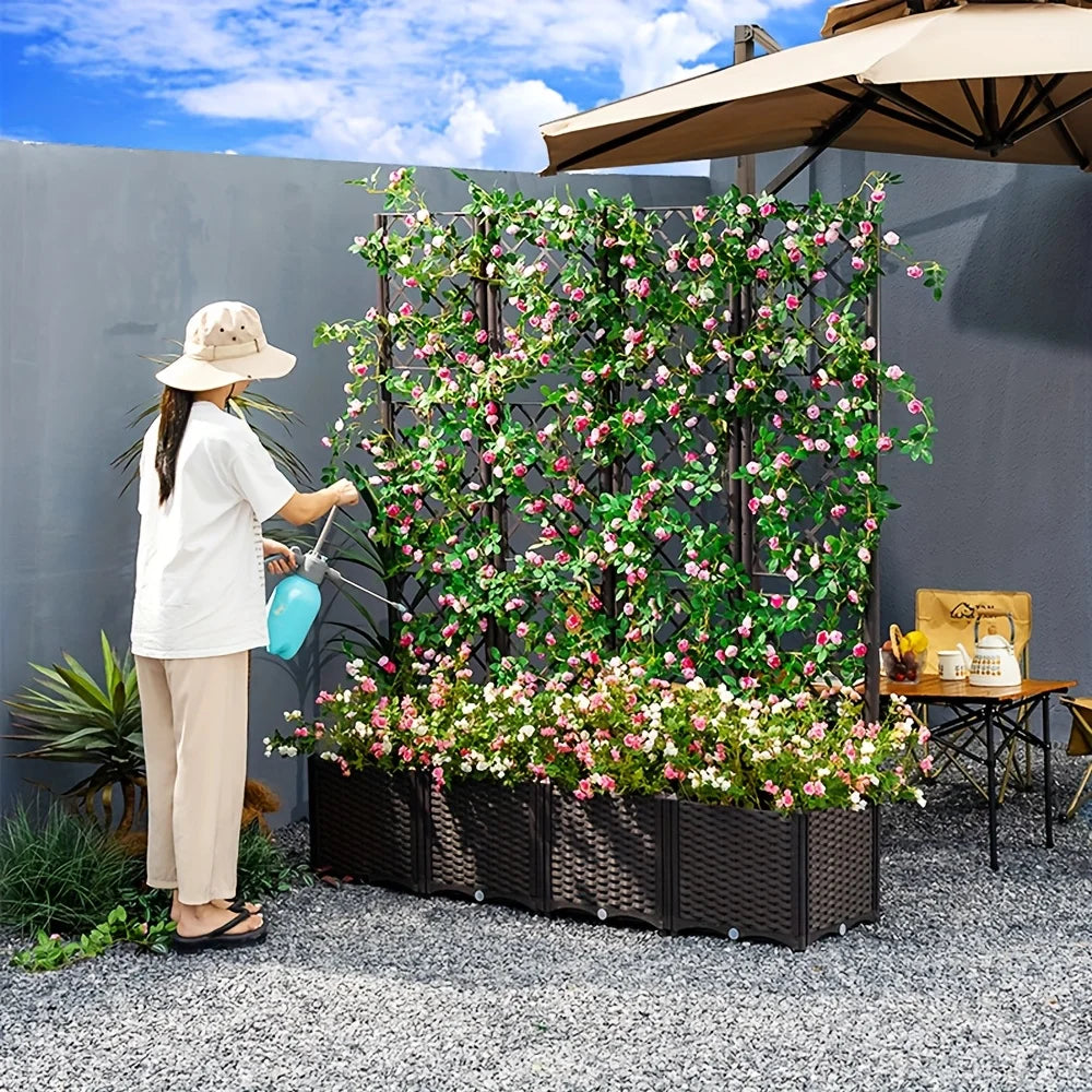 Vine woven brown checkered garden bed - movable large flower box - with supporting climbing plant poles - planting vegetables