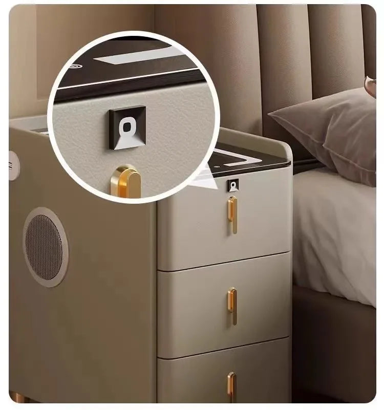Smart Bedside Table, Solid Wood with Faux Leather Features 3 drawers, wireless charging, and side storage. Stylish and functional nightstand for modern bedrooms.