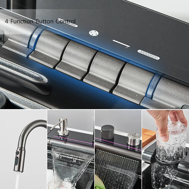 304Stainless Steel Large Single Bowl Waterfall Kitchen Sink with Integrated Digital Display Faucet Soap Dispenser and Cup Washer