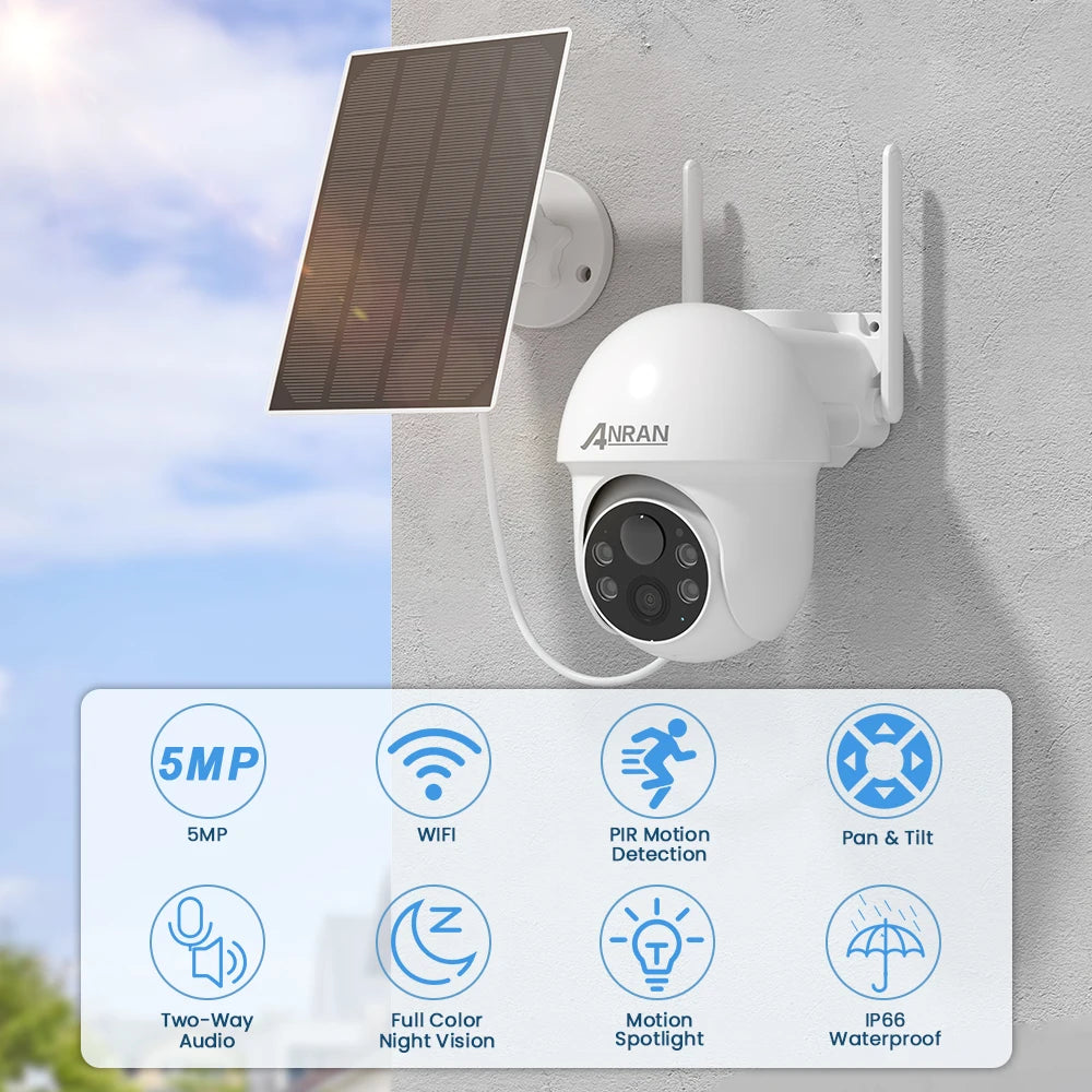 ANRAN 5MP Wifi Solar Camera 360° Rotation Security Surveillance Camera Outdoor Wireless Human Detection Custom Detection Area