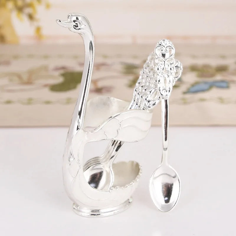 Creative Dinnerware Set Swan Base Holder Decorative Stainless Steel with 6 Spoons for Coffee Fruit Dessert Stirring Mixing