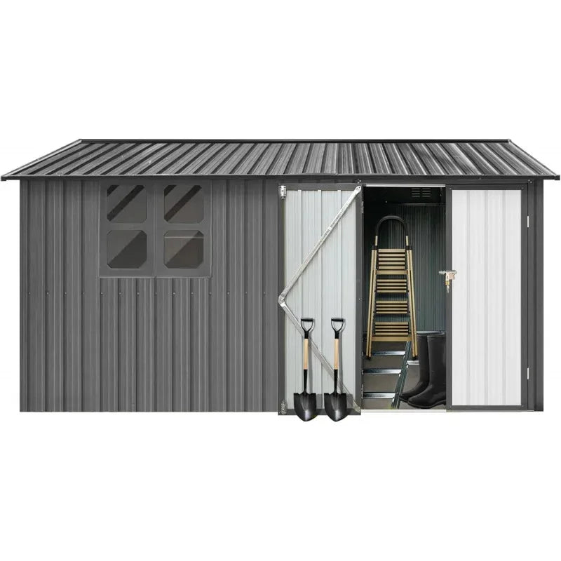 QWUCGO Extra Large 10ftx12ft,Outdoor Sheds Window,Tiny House,Metal Storage Shed with Design of Lockable Doors,U