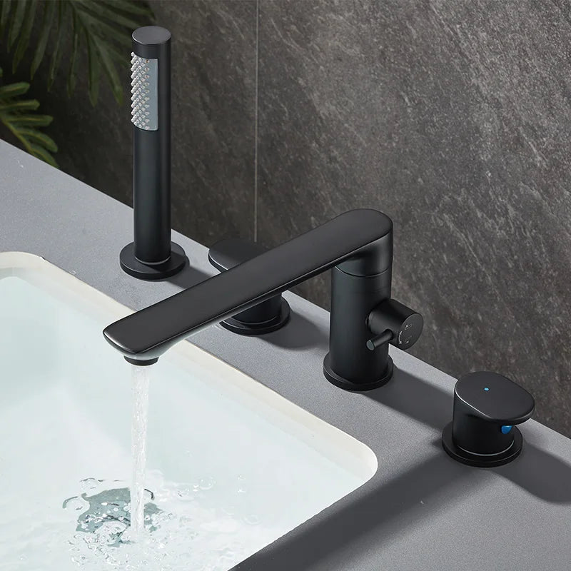 4-Piece Bathroom Faucet Set – Deck-Mounted Includes basin and bathtub mixer taps with handheld shower. Hot and cold water mixer for versatile bathroom use.