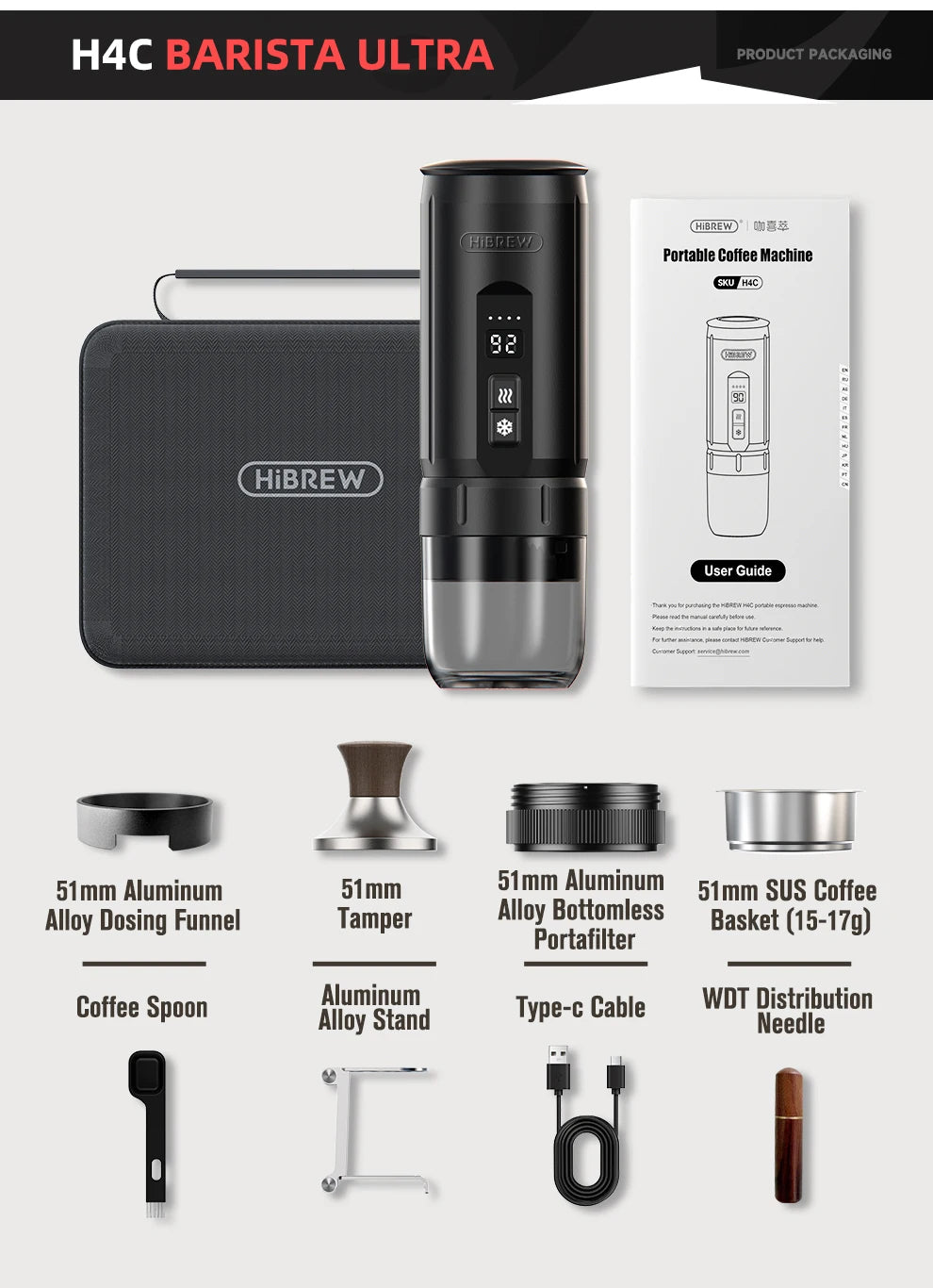 HiBREW H4C Portable Espresso Coffee Machine Wireless Heating Removable Battery Barista Ground Coffee Bottomless Extraction