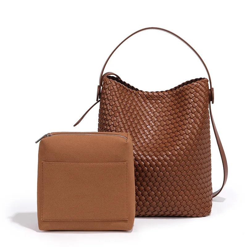 Women's Boston Bag 2025 Fall Winter New Woven Bowling Bag Unique Design Handheld Pack Trendy Light Luxury PU Leather Handbag