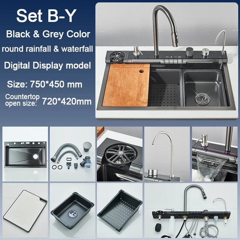 Stainless Steel Kitchen Sink with Faucet 75*45cm Large Single Bowl Digital Display Dish Basin Sink Waterfall Hot Cold Faucets
