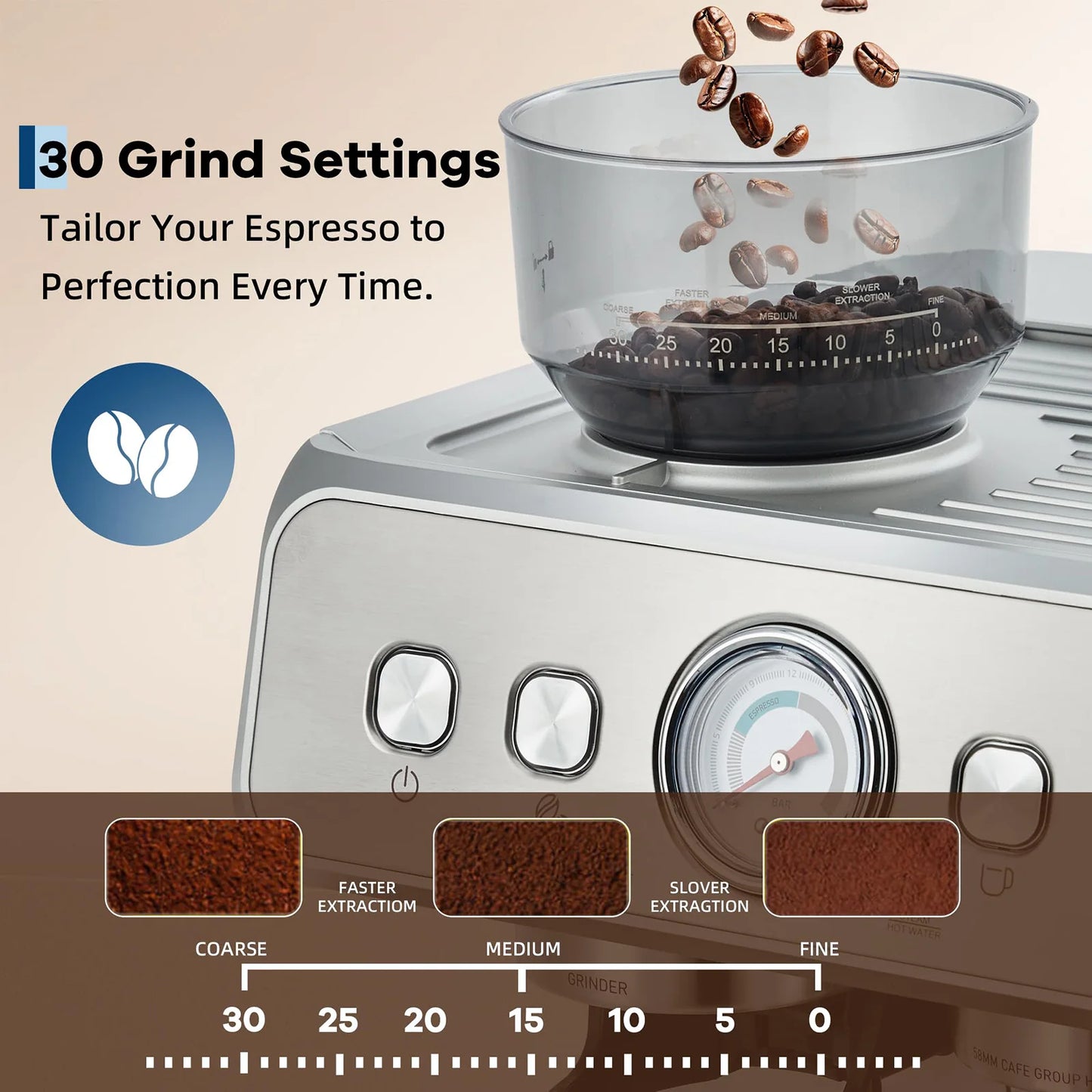 20 Bar Stainless Steel Espresso Machine With Grinder & Milk Frother 2.8L Removable Tank Adjustable Shot Volume For Home Office