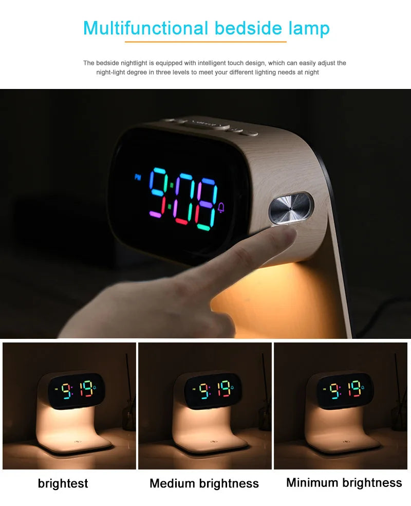 Multifunctional alarm clock with night light, wireless charging clock, holiday couple gift, three brightness adjustment clock