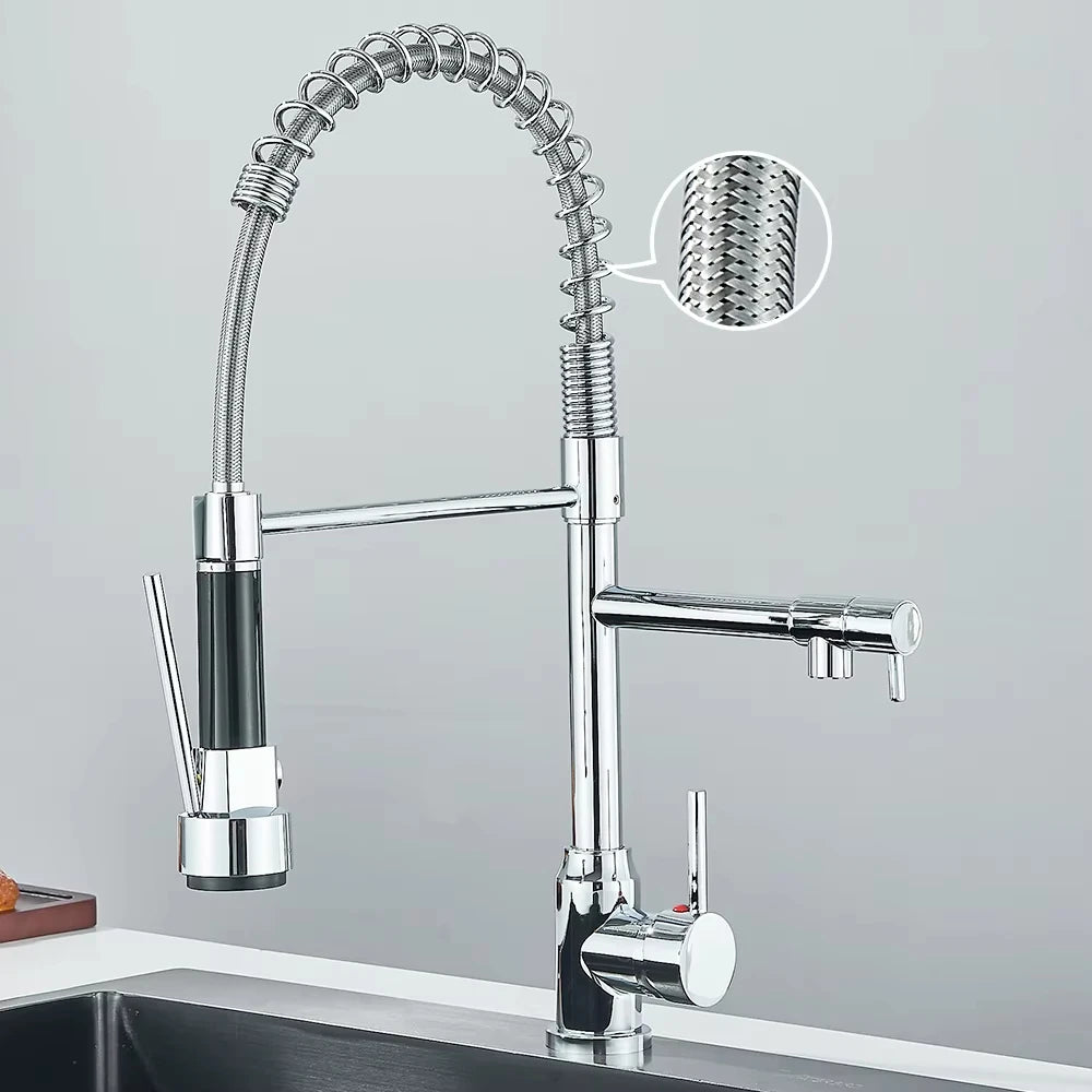 Grifo de cocina extraíble de resorte plateado/negro, mezclador monomando de agua fría y caliente, grifo de doble caño