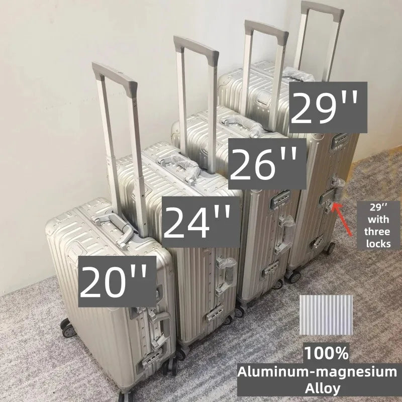 Aluminum-Magnesium Alloy Suitcase, High-Quality Rolling Luggage Available in 20”, 24”, 26”, and 29” sizes. Durable trolley luggage perfect for travel, carry-on, and cabin use.