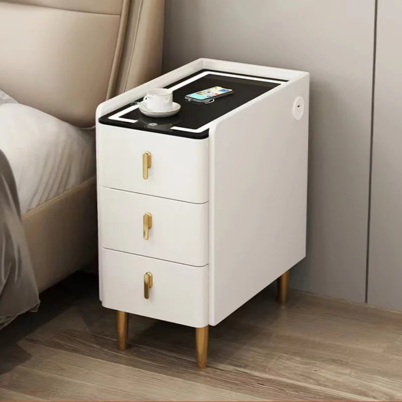 Smart Bedside Table, Solid Wood with Faux Leather Features 3 drawers, wireless charging, and side storage. Stylish and functional nightstand for modern bedrooms.