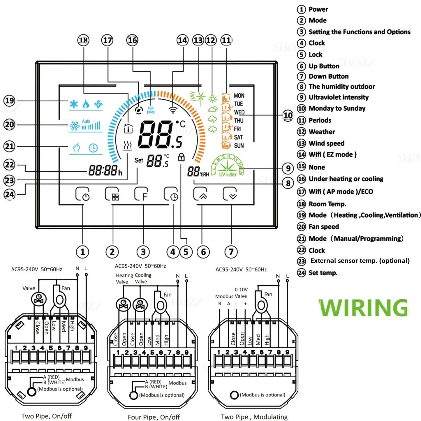 Programmable Thermostat 24V/220V WIFI RS485 Modbus RTU for 2/4-Way Valve Heat Cool Air Conditioning HVAC System Control