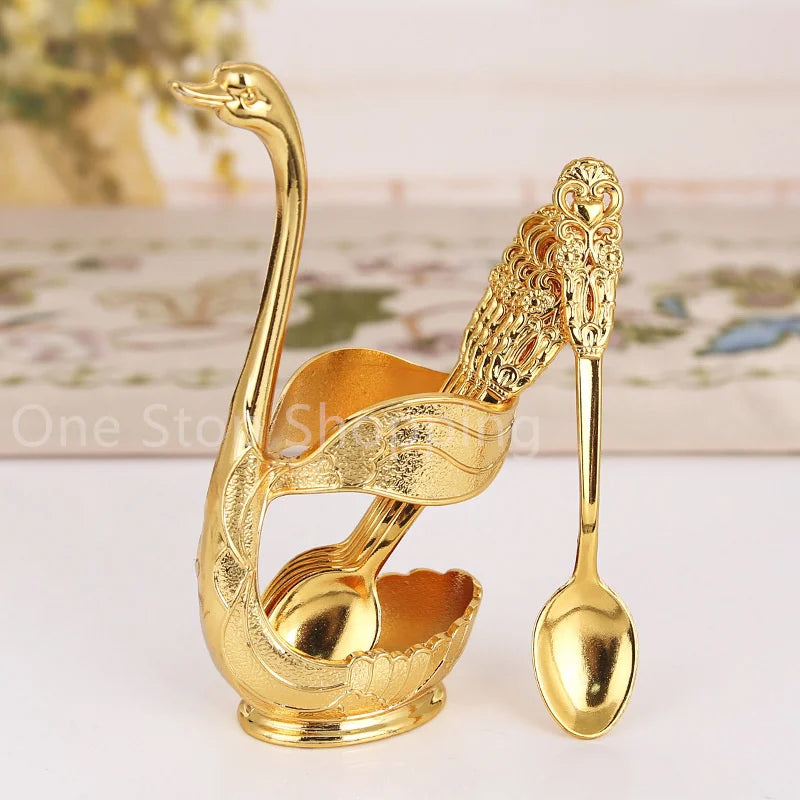 Creative Dinnerware Set Swan Base Holder Decorative Stainless Steel with 6 Spoons for Coffee Fruit Dessert Stirring Mixing