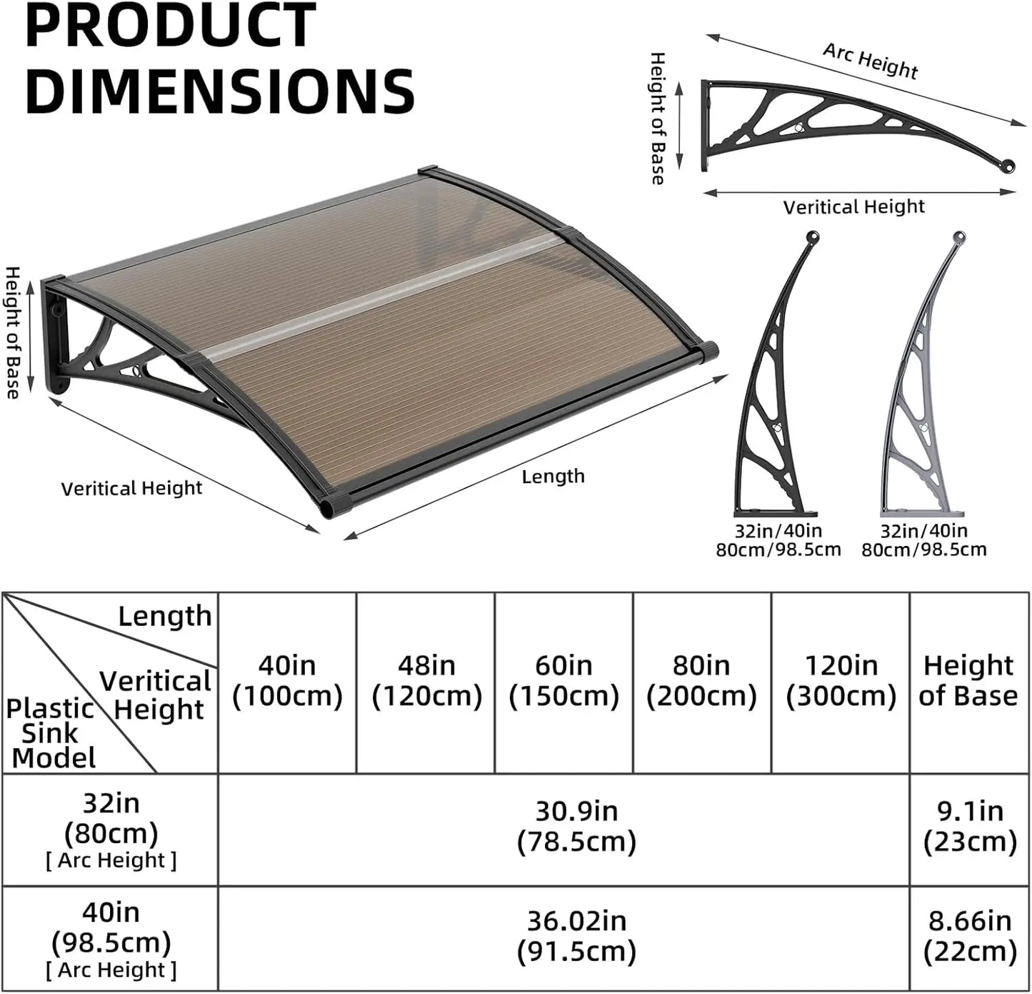 Large Polycarbonate Gutter Awning for Door Entrance Sun Shade and Rain Snow Protection Canopy for Patios and Yards Brown Board