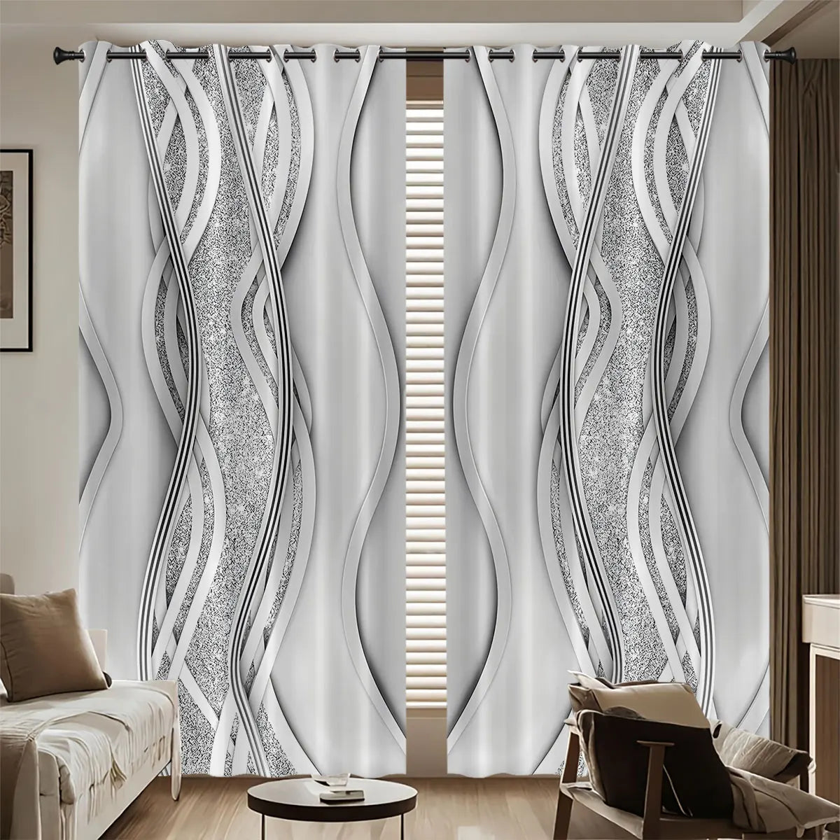 2pcs Minimalist Style Curved Lines Art Print Perforated Blackout Curtains Multi Size Living Room Bedroom Insulation Decoration