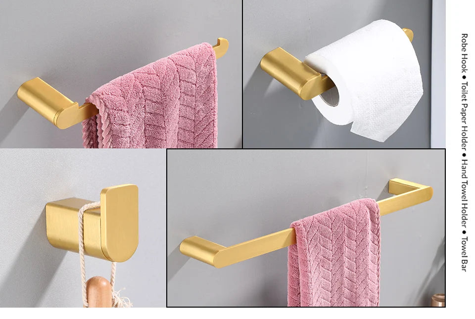 Brushed Gold  Bathroom Accessories Sets 4 Wall Mounted Towel Bar Robe Hooks Toilet Paper Roll Holder Stainless Steel Hardware