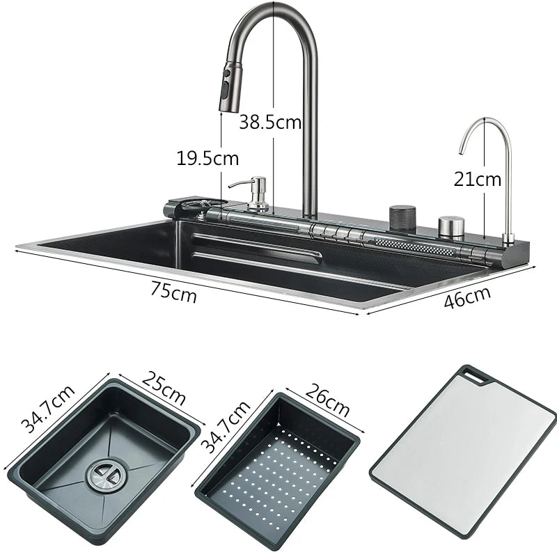 304Stainless Steel Large Single Bowl Waterfall Kitchen Sink with Integrated Digital Display Faucet Soap Dispenser and Cup Washer