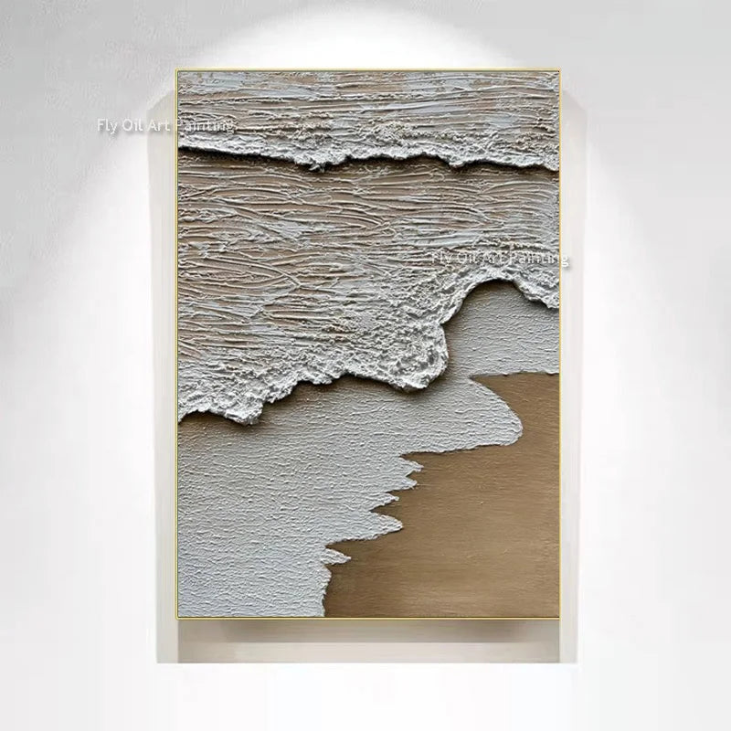 Simple Design Hand Drawn Brown And White Abstract Seawaves Thick Oil Painting On Canvas Green Beige Waves Wall Art For Decor