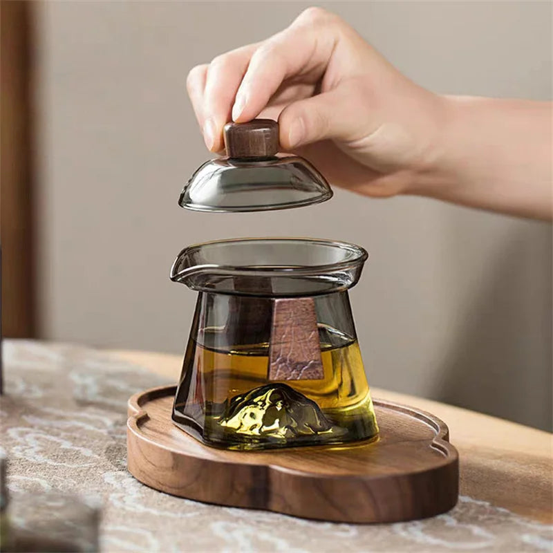 Bottom Mountain View Heat-resistant Glass Gaiwan Tea Tureen With Scald Proof Wood Chips Kung Fu Tea Set Tea Cup and Bowl Teaware